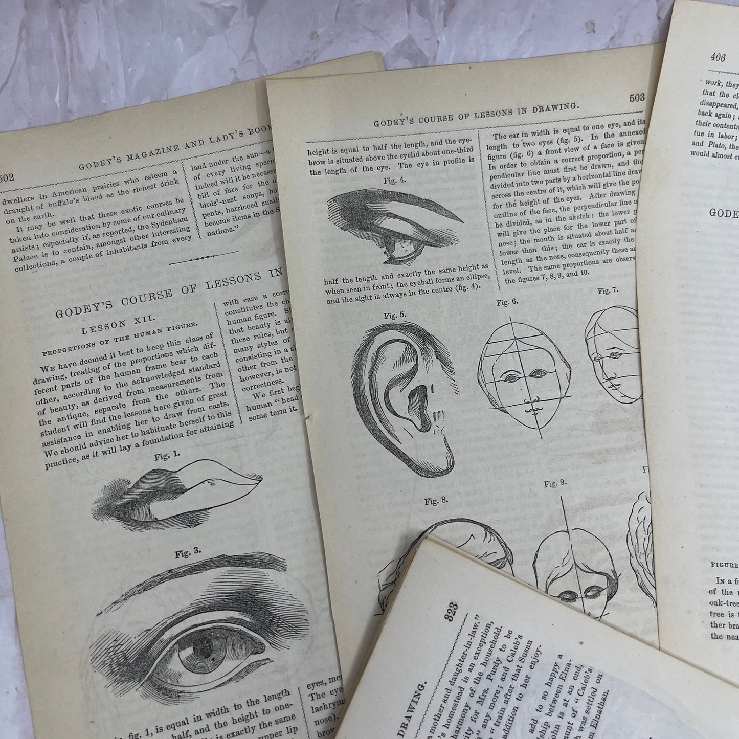 Huge Lot of Original Assorted Drawing Lessons From 1857 Godey's Book TH9-MG3