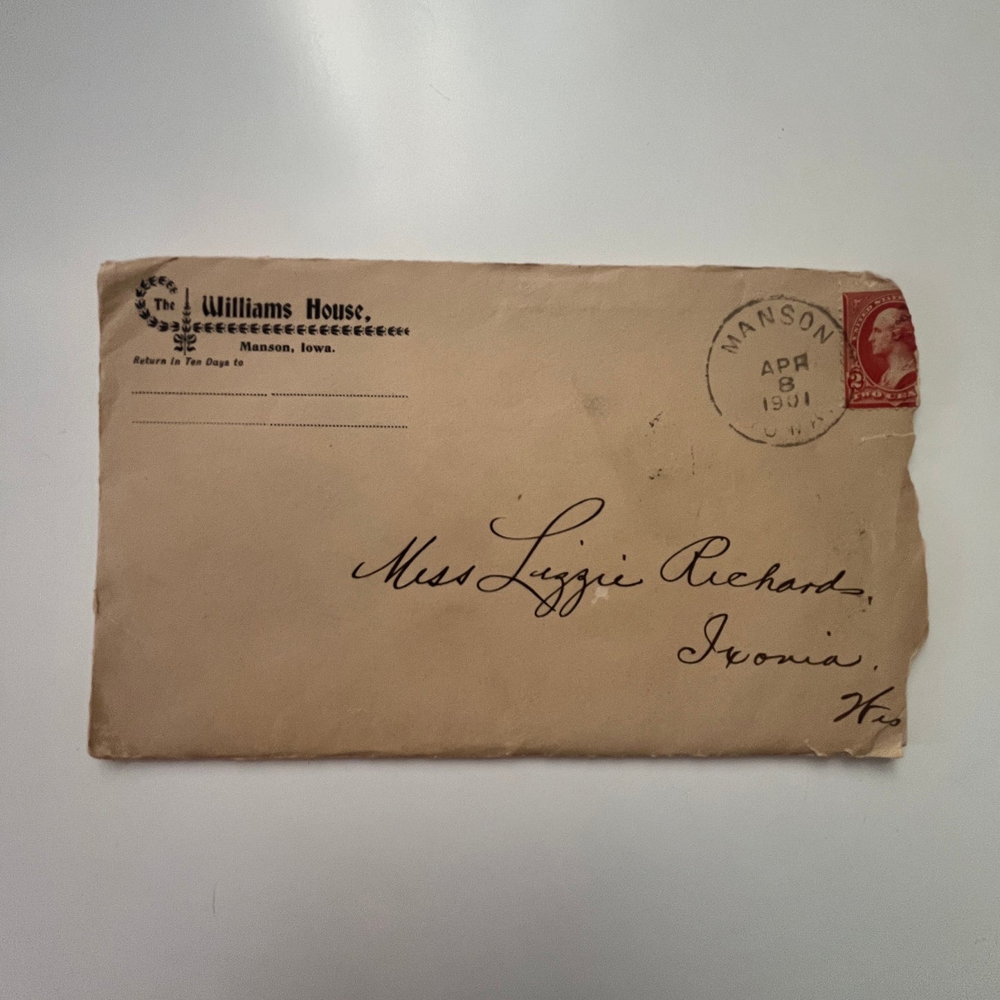 1901 The Williams House Manson IA - Lizzie Richards Ixonia WI Letter AI9-H6