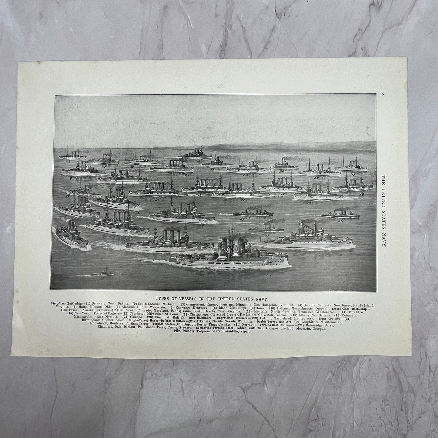 First Class Battleship Delaware, Navy Vessels Double Sided 1910 Print V14-7