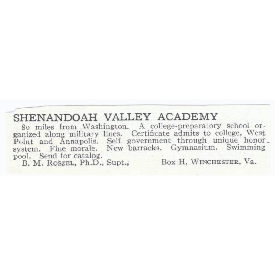 Shenandoah Valley Academy B.M. Roszel Winchester VA c1918 Advertisement AE5-SV4
