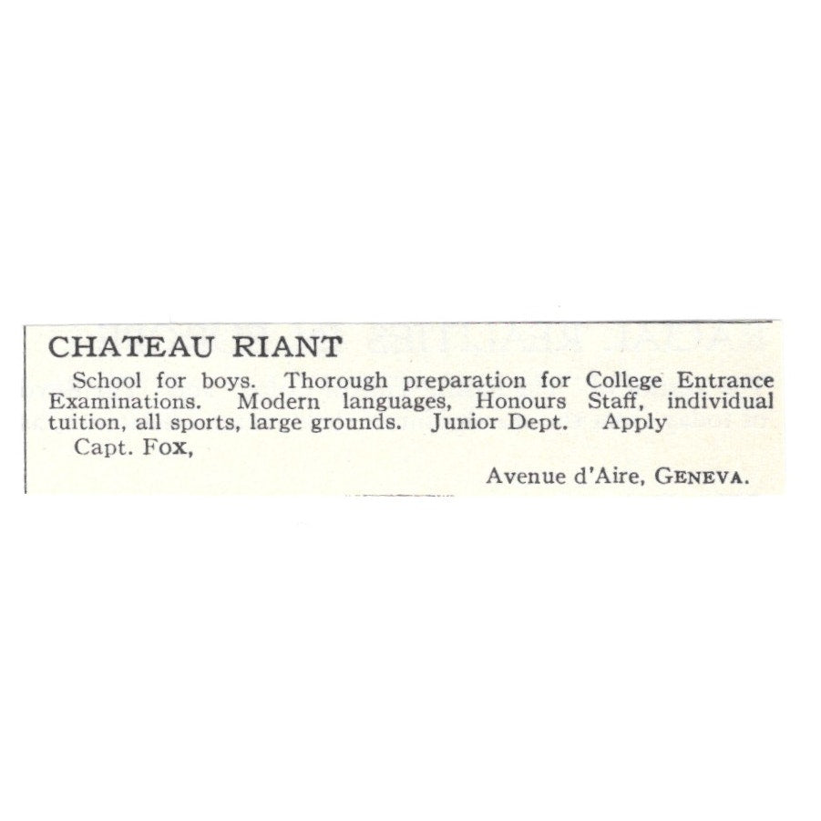 Chateau Riant Boys School Capt. Fox Geneva 1924 Magazine Ad AD8-O9