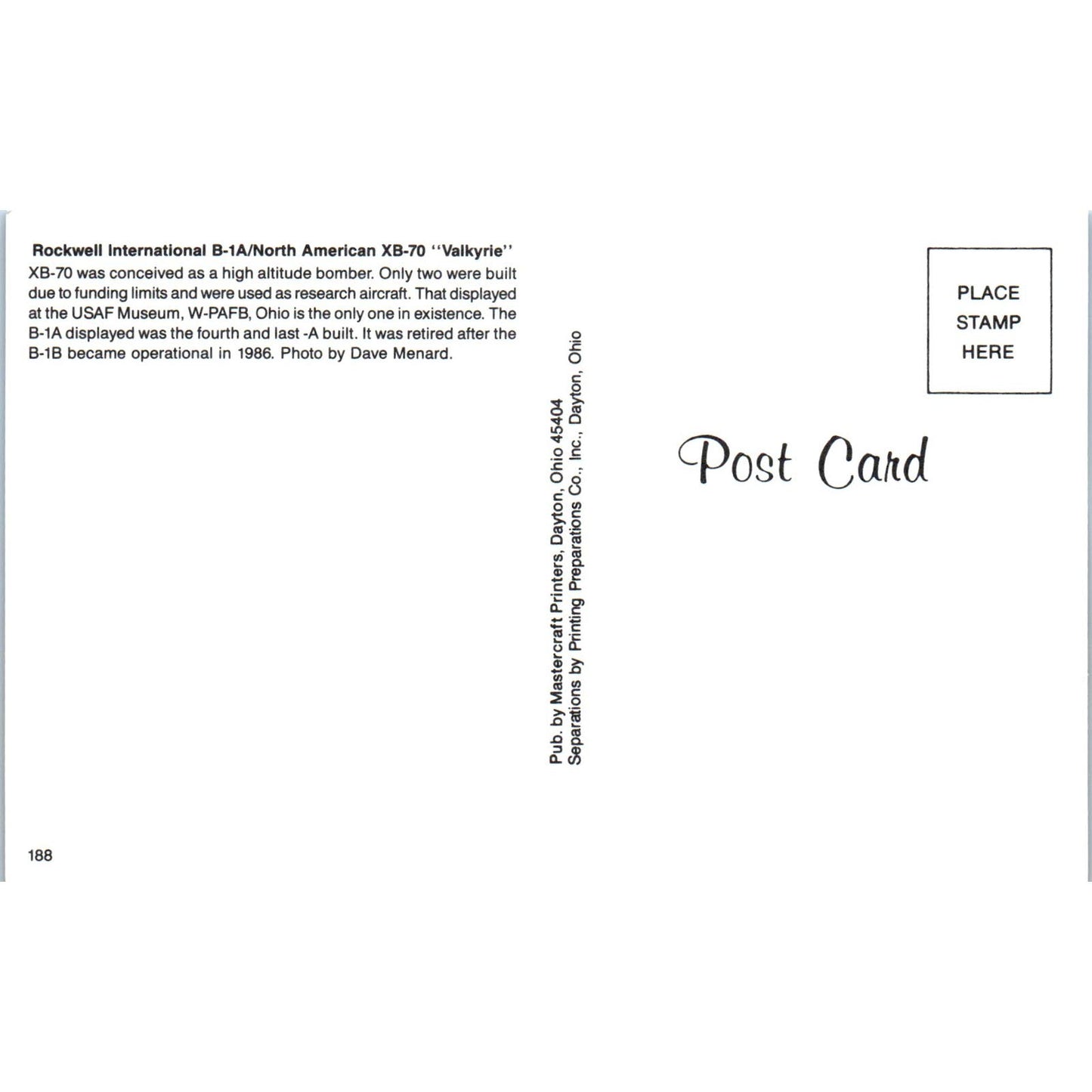 Rockwell International B-1A North American XB-70 Valkyrie Postcard TG8-PC