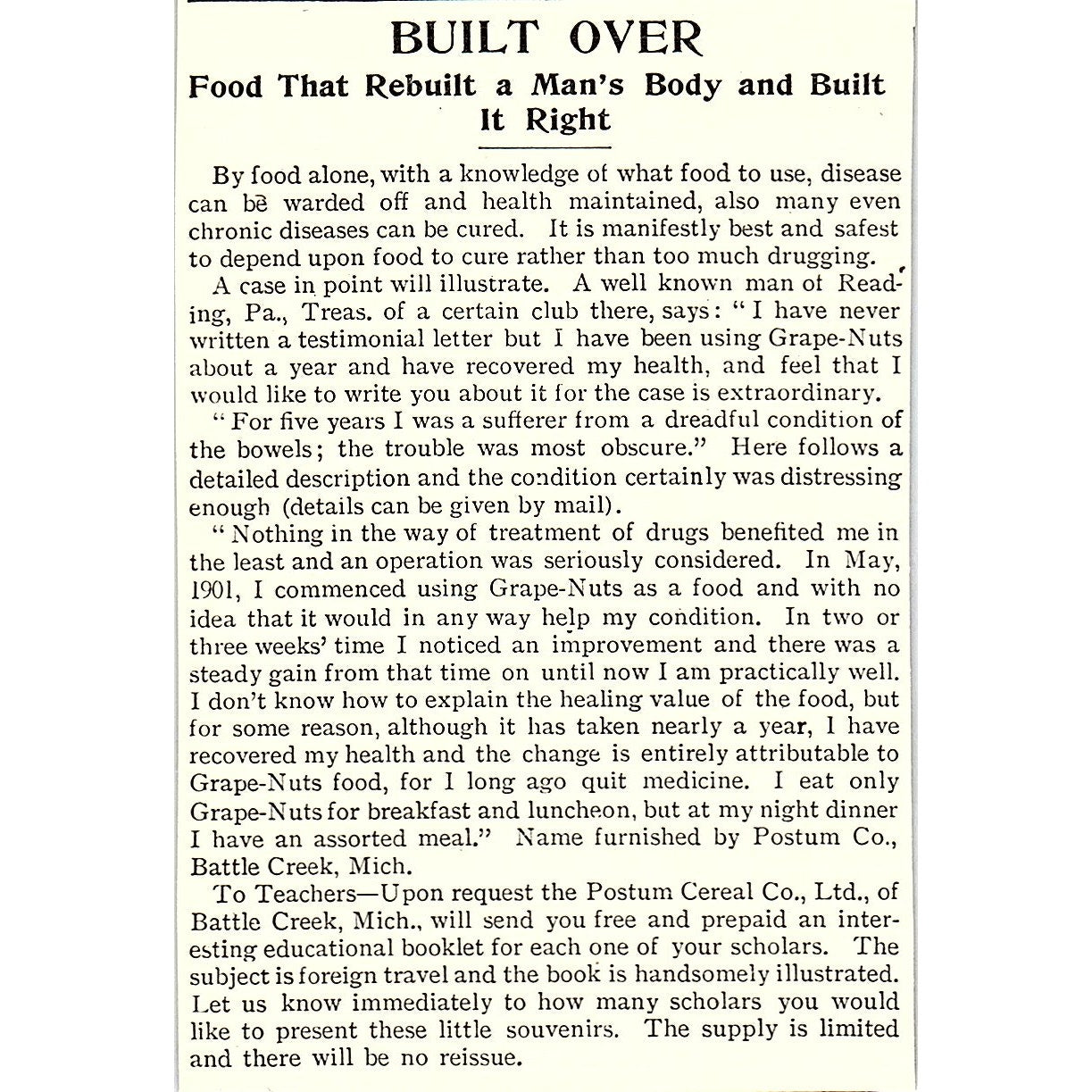 Food That Rebuilt a Man's Body - Postum Cereal Co Battle Creek 1903 Ad AF8-M8