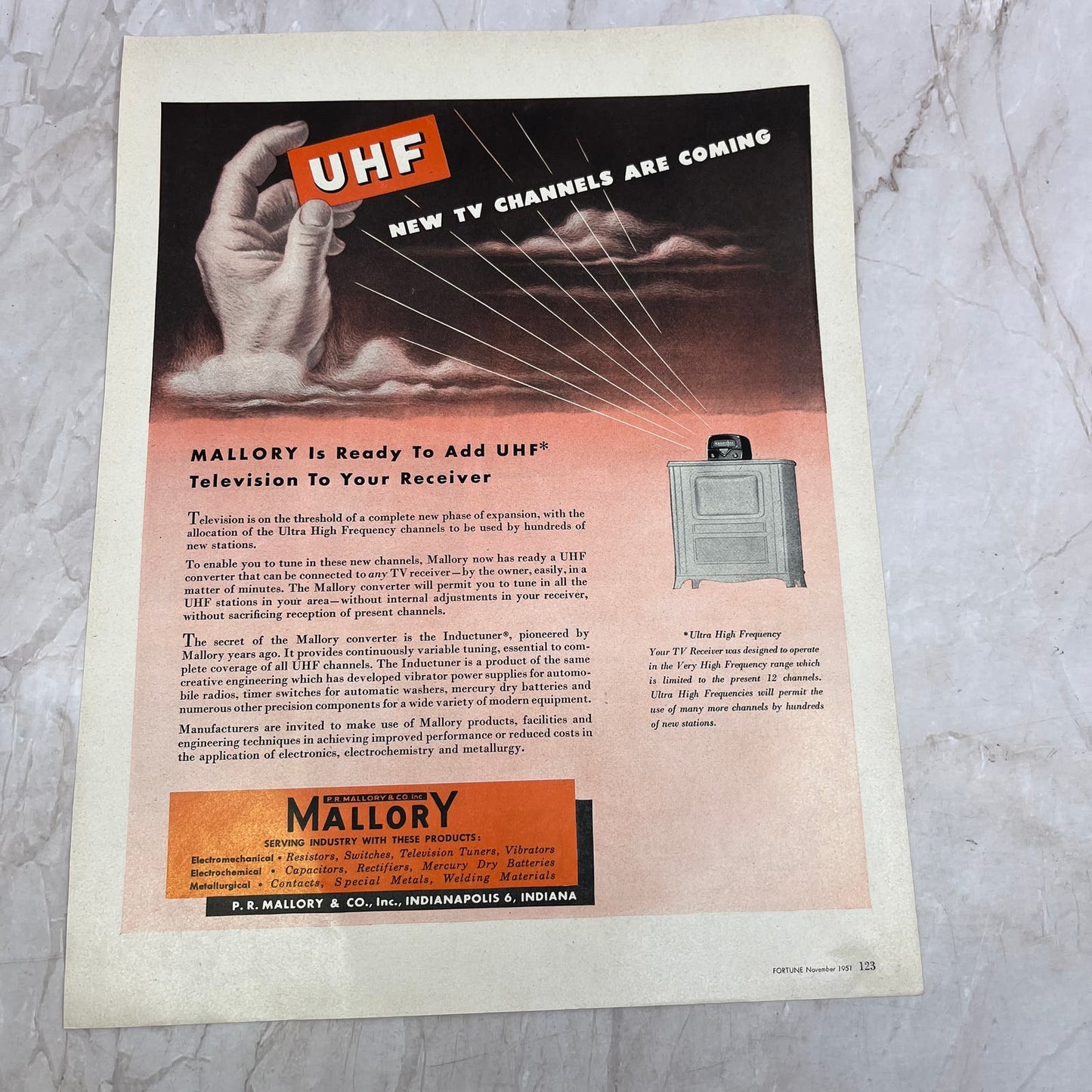 UHF TV Channels P.R. Mallory & Co Inc Indianapolis IN 1951 Magazine Ad FL6-10