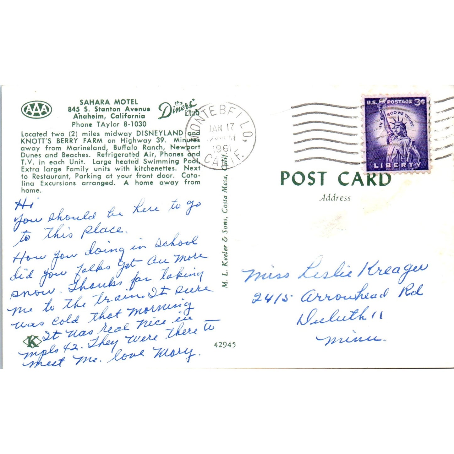 1961 Sahara Motel Anaheim CA Vintage Postcard PD10