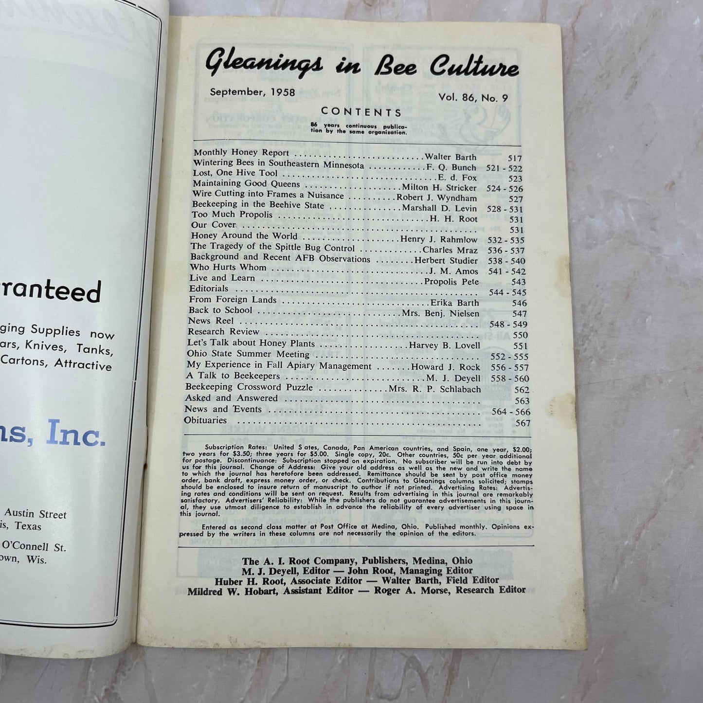 1958 Sep Gleanings in Bee Culture Beekeeping Magazine A.I. Root Co Medina OH TD5