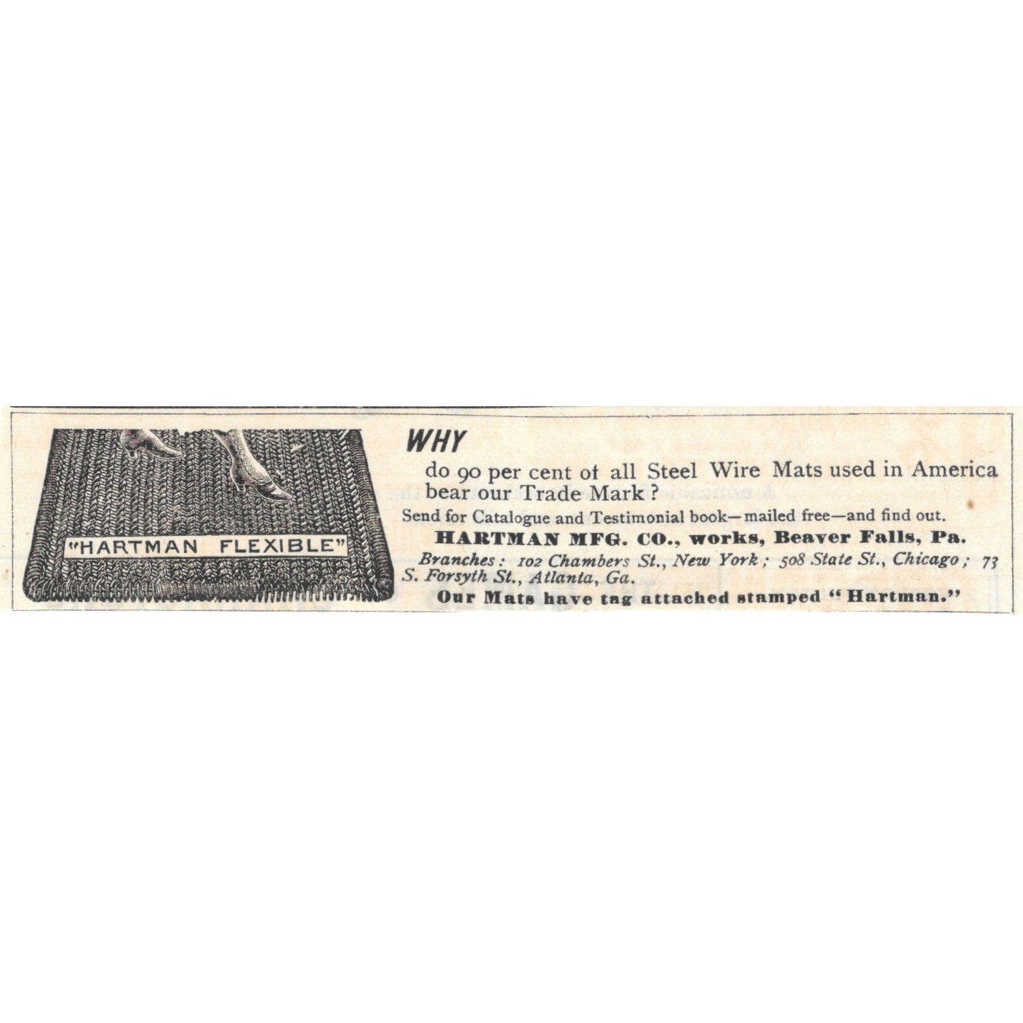Steel Wire Mats Hartman Mfg Co Beaver Falls PA c1890 Victorian Ad AE8-CH13