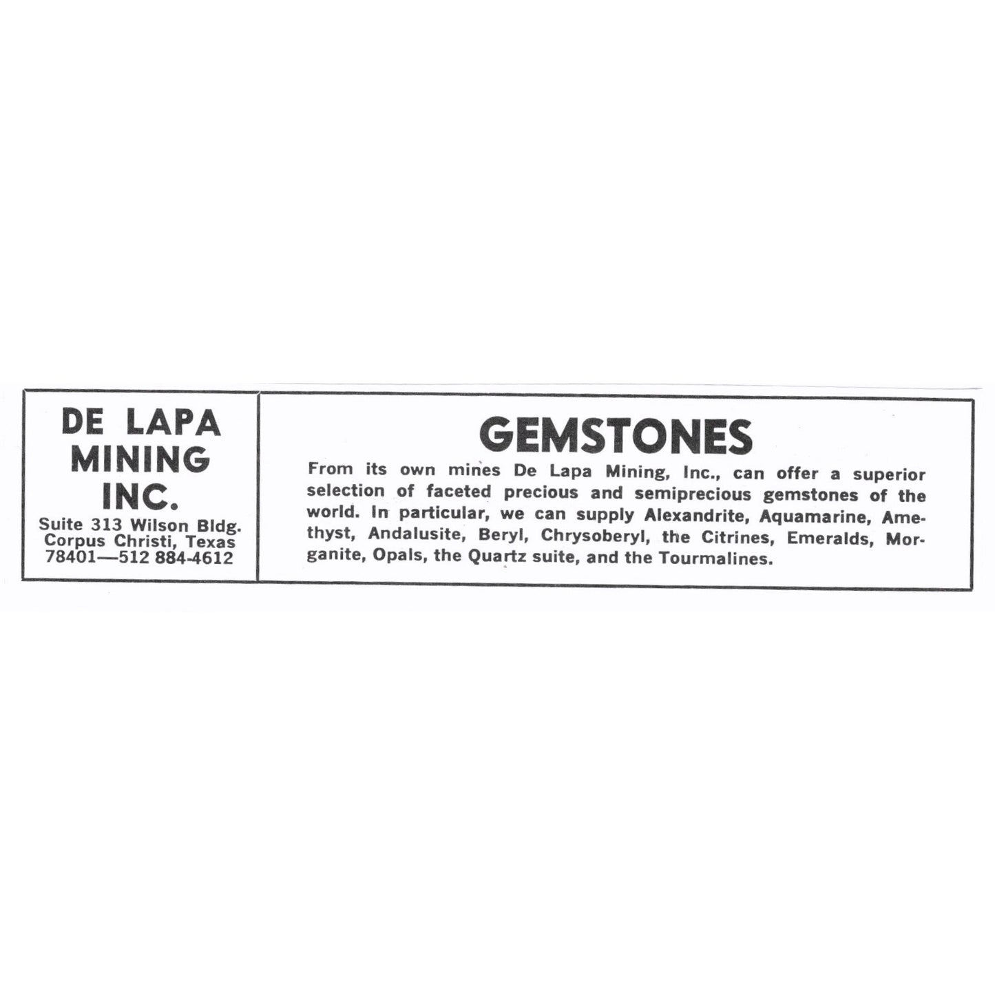 De Lapa Mining Inc Gemstones Corpus Christi Texas 1972 Ad AF8-M4