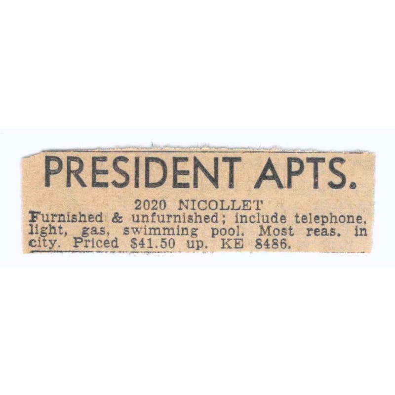 President Apartments Nicollet Ave 1935 Minneapolis Journal Advertisement AE7-H3