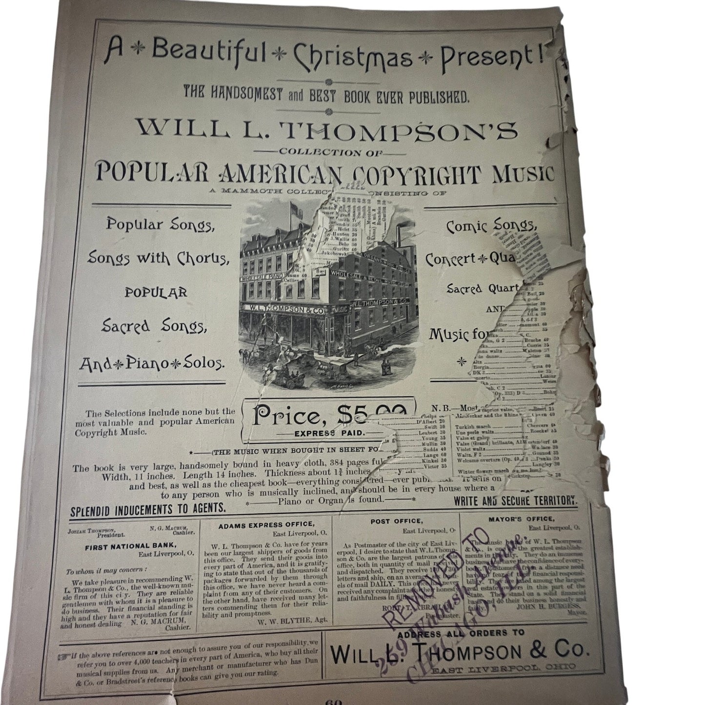 c1890 Will L. Thompson & Co Music Catalog Music Depot East Liverpool OH V33-4
