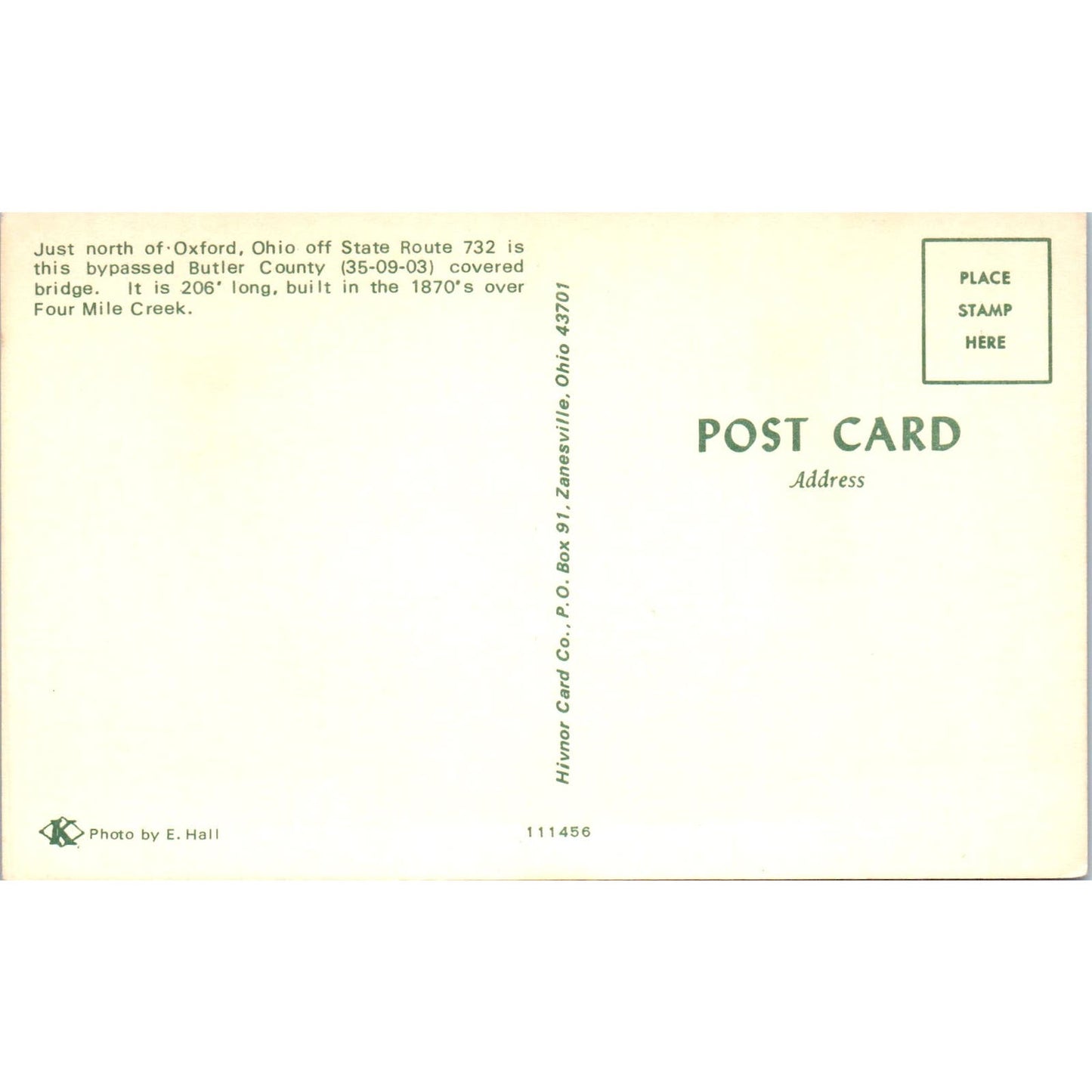 Butler County Four Mile Creek Oxford Ohio Covered Bridge Postcard PC2