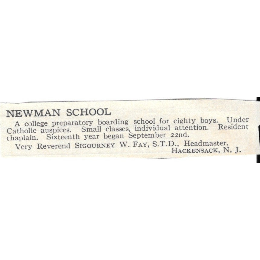 Newman School Hackensack NJ Reverend Sigourney W. Fay, S.T.D. c1920 Ad AG4-S8