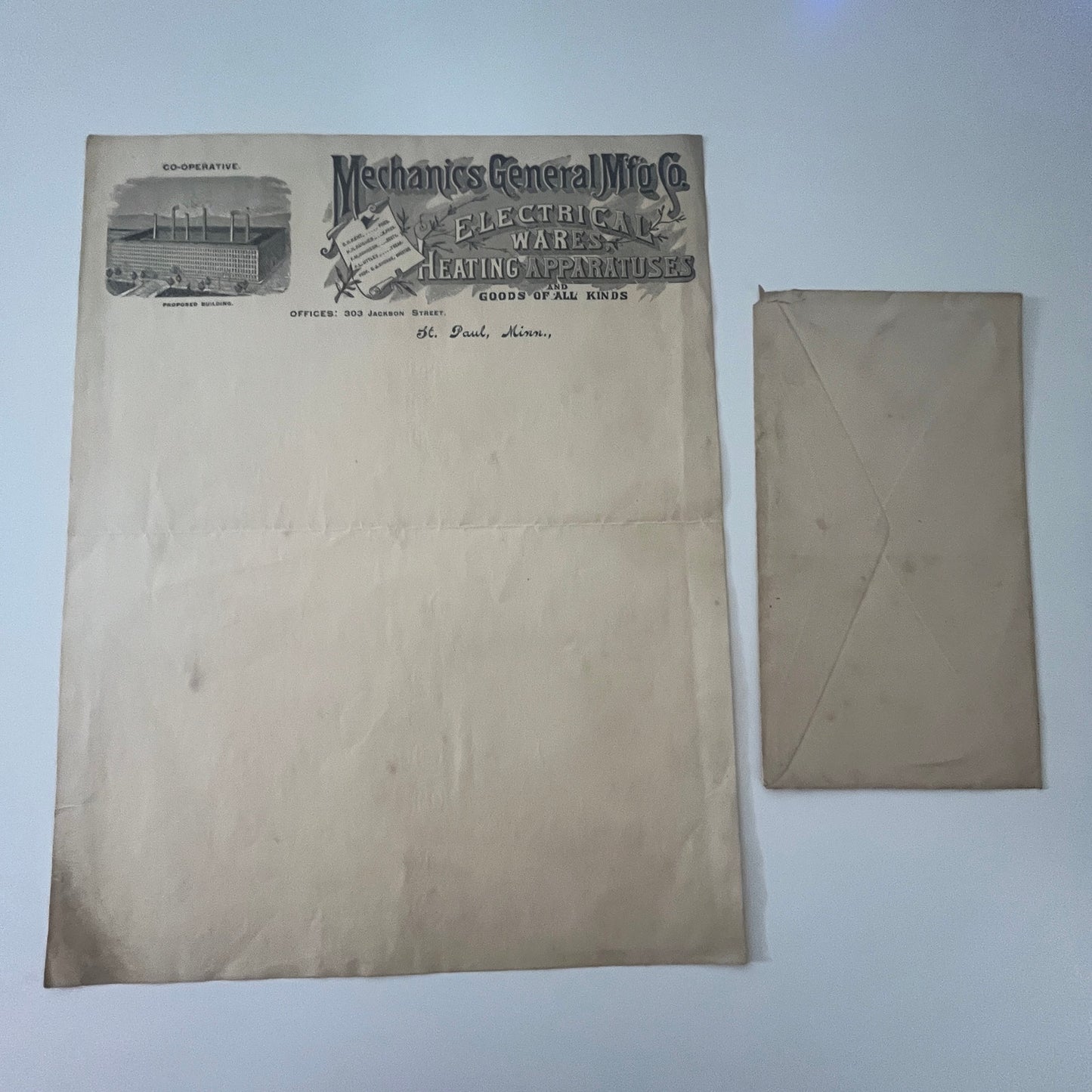 c1910 Mechanics General Mfg Co St. Paul MN Blank Letterhead & Envelope K22