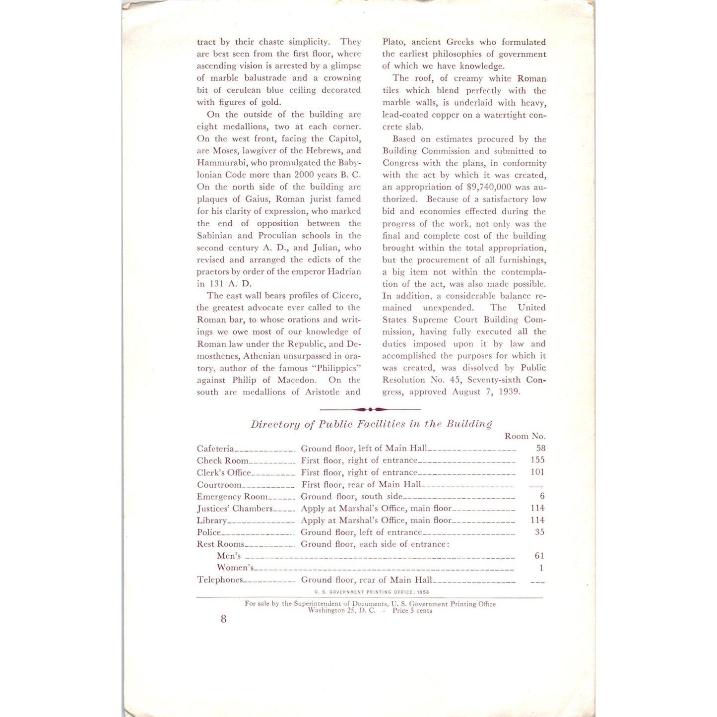 1956 The Supreme Court of the United States Information Travel Brochure TJ5-TB
