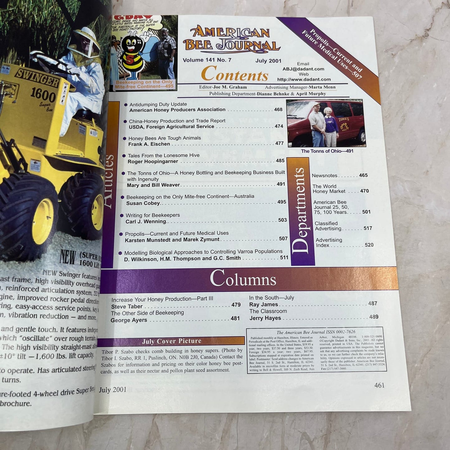 2001 July American Bee Journal Magazine Bees Beekeeping Honey M7