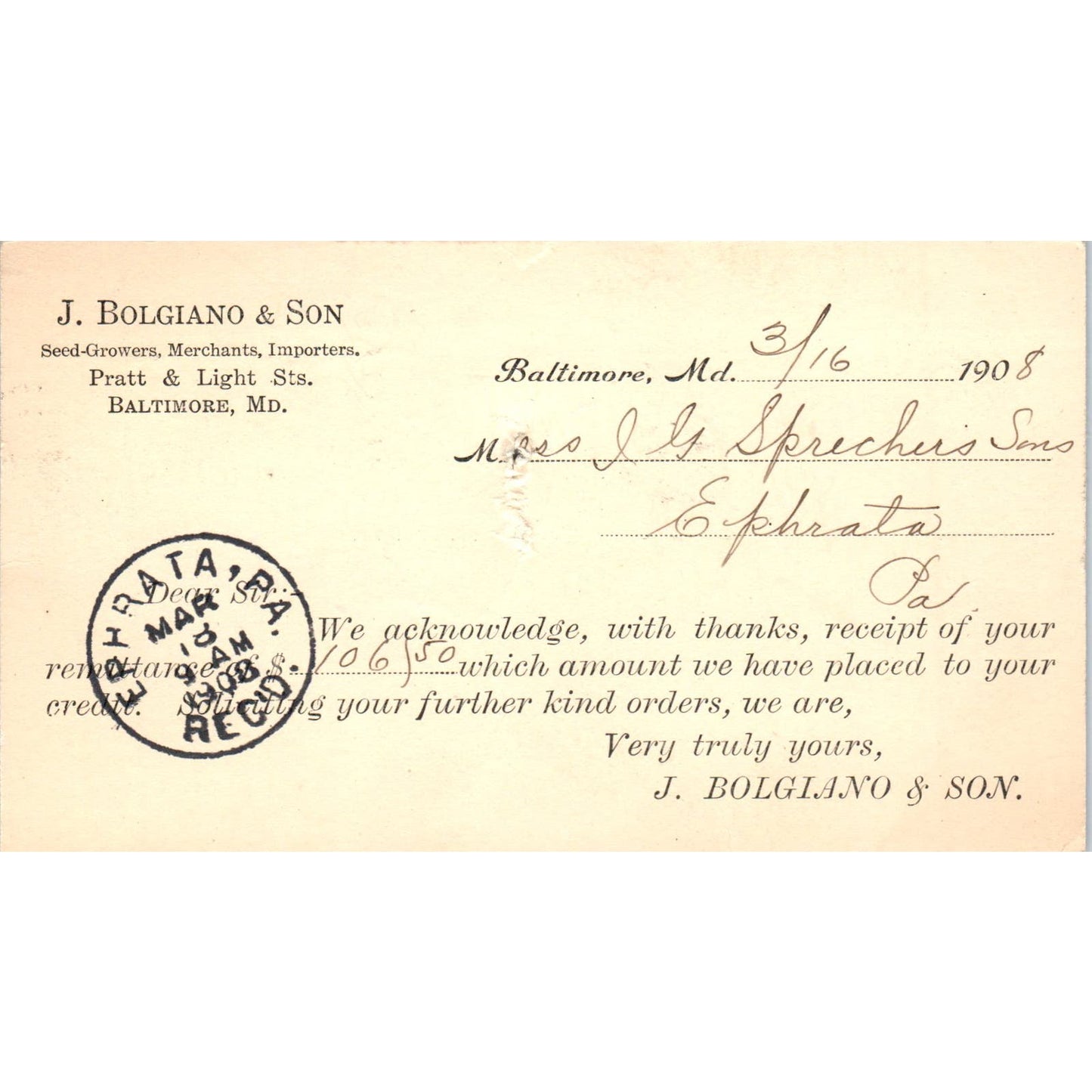 1908 John Bolgiano & Son Seedmen Baltimore MD Payment Receipt Postal Card AE8