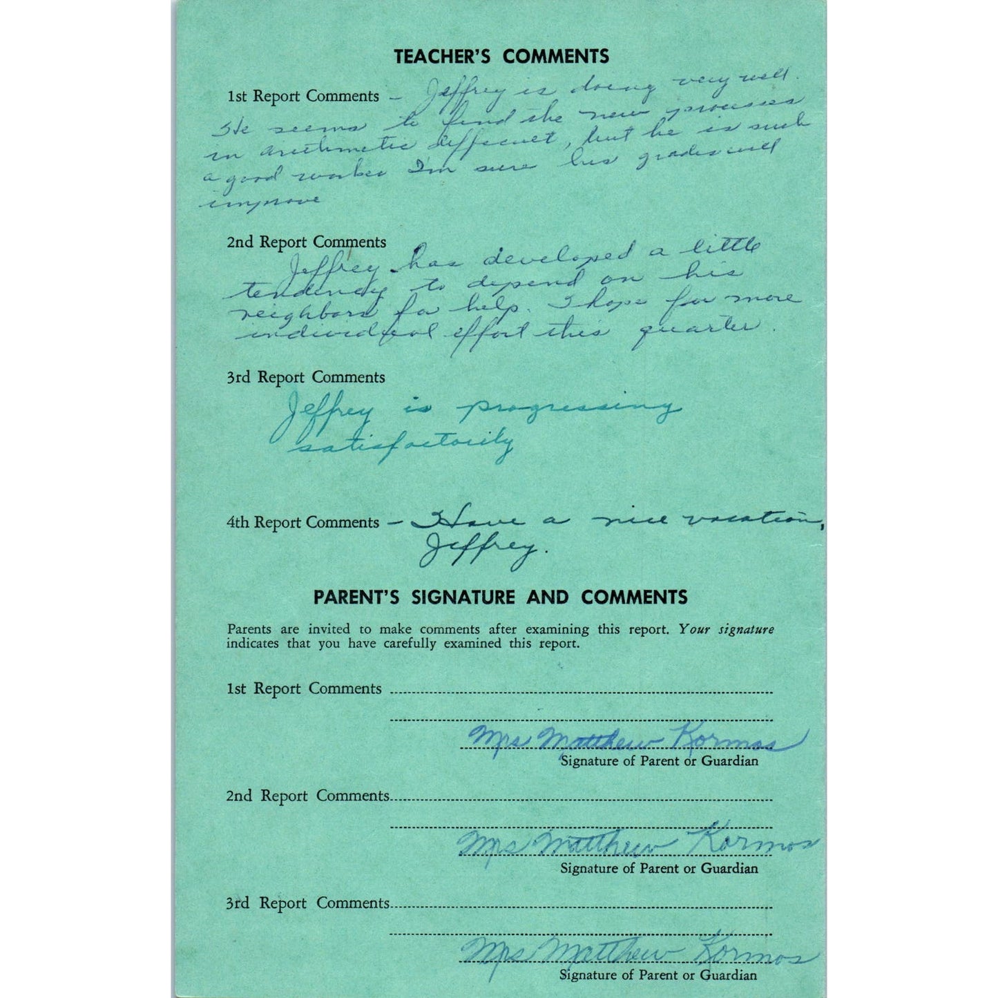 1955-56 Fresno City Schools Fresno CA Report Card Jeffrey Kormos Grade 4 AB9