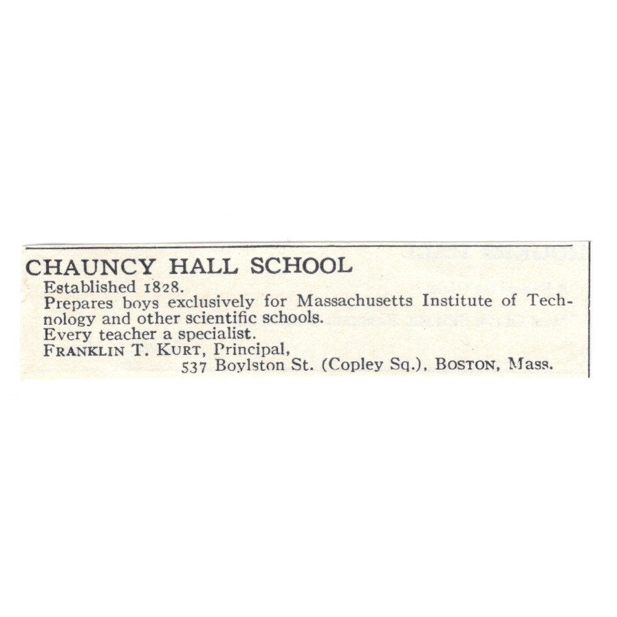 Chauncey Hall School Franklin T Kurt Boston MA 1924 Magazine Ad AD8-O6