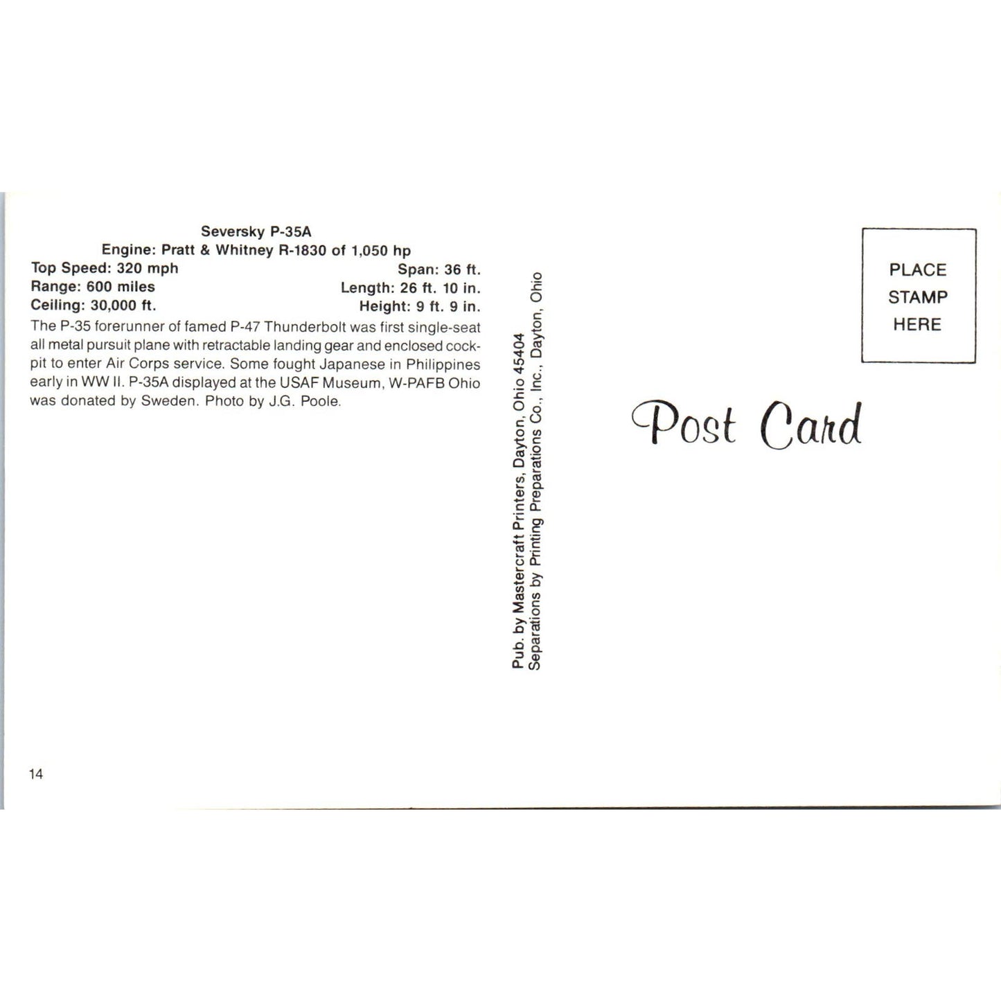 Seversky P-35A Vintage Postcard PC19