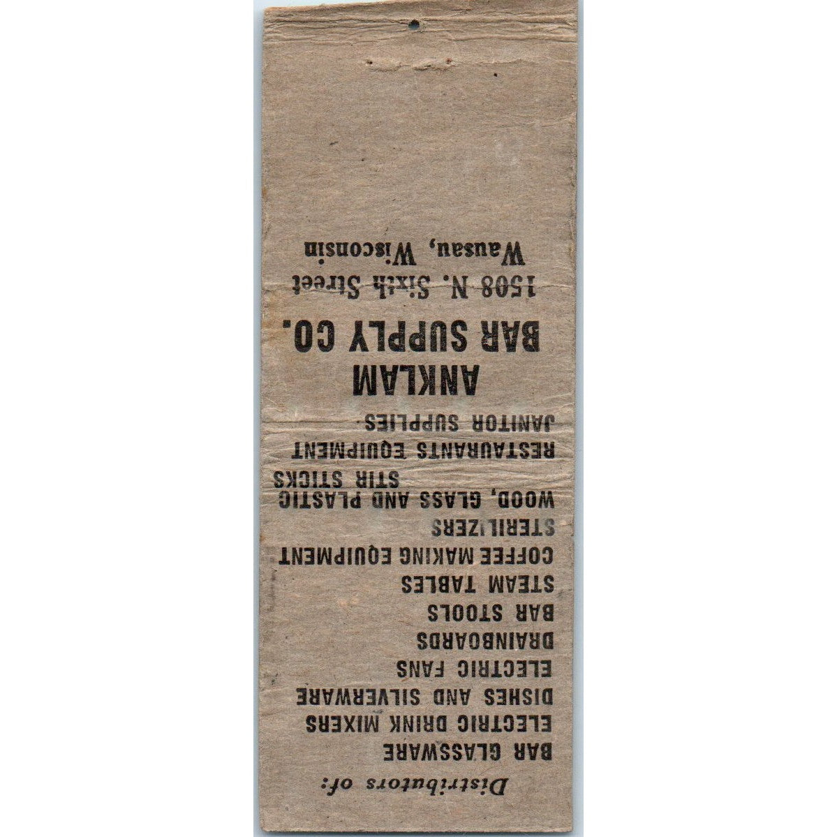 Anklam Bar Supply Co Wausau WI Vintage Matchbook Cover SD4-Y13