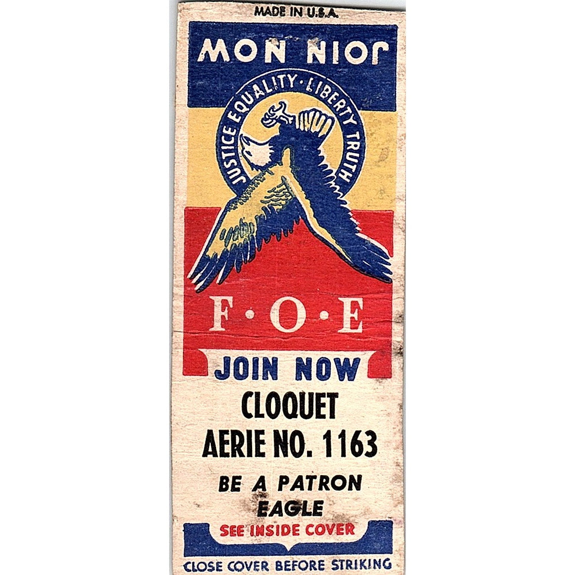 Cloquet Aerie No 1163 MN Vintage Matchbook Cover SC7-Y7