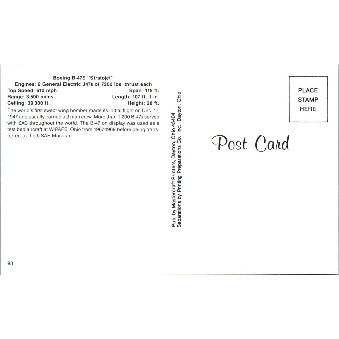 Boeing B-47E Stratojet Vintage Postcard TG8-PC