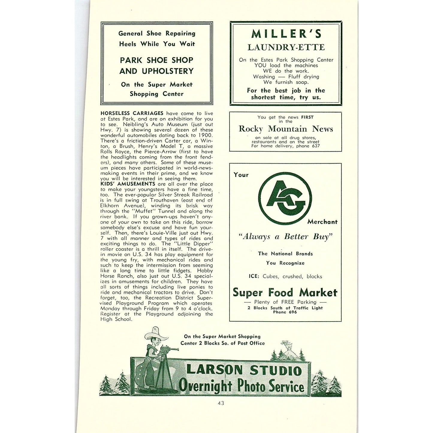 Estes Park Colorado Interesting Hikes Map 1957 Estes Park CO Ad AG4-1