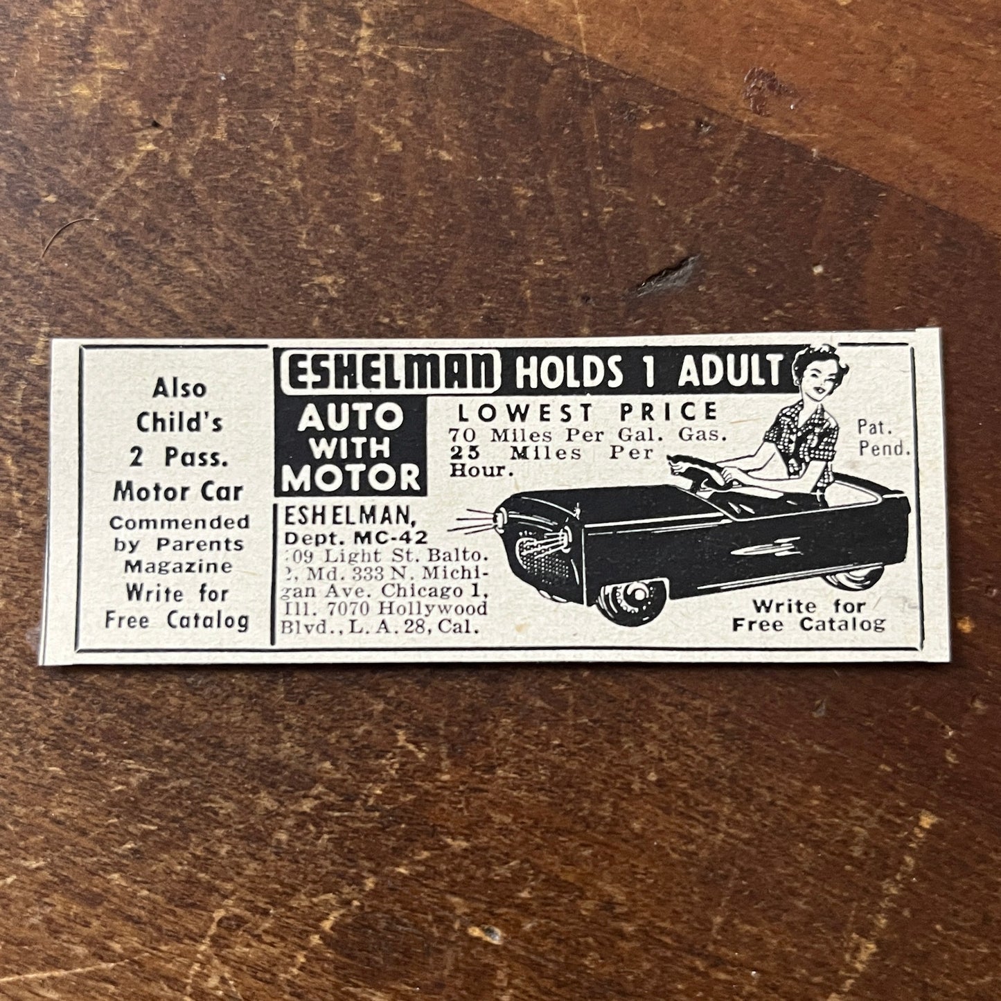 Eshelman DIY Auto With Motor Los Angeles CA 1955 Ad AF9-S8