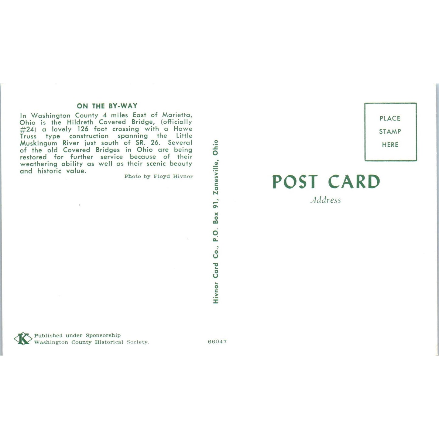 Hildreth Bridge #24 Little Muskingum River Marietta Covered Bridge Postcard PC3