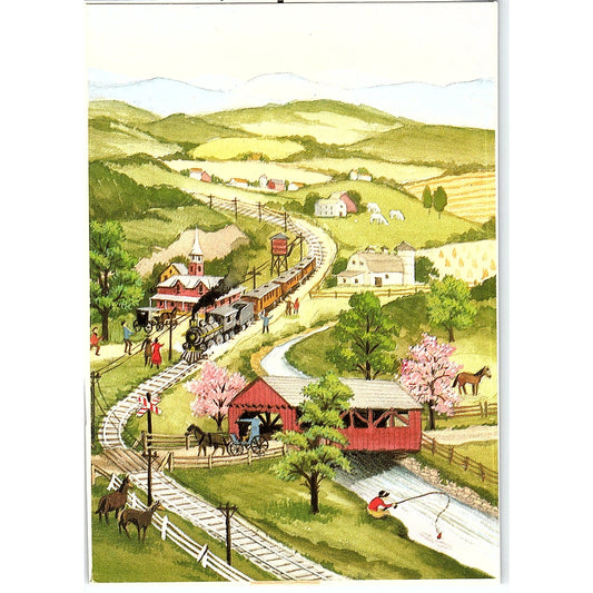 Retro Kitsch Folk Art Country Landscape Train Bridge Vintage Art Print 4x6 V12