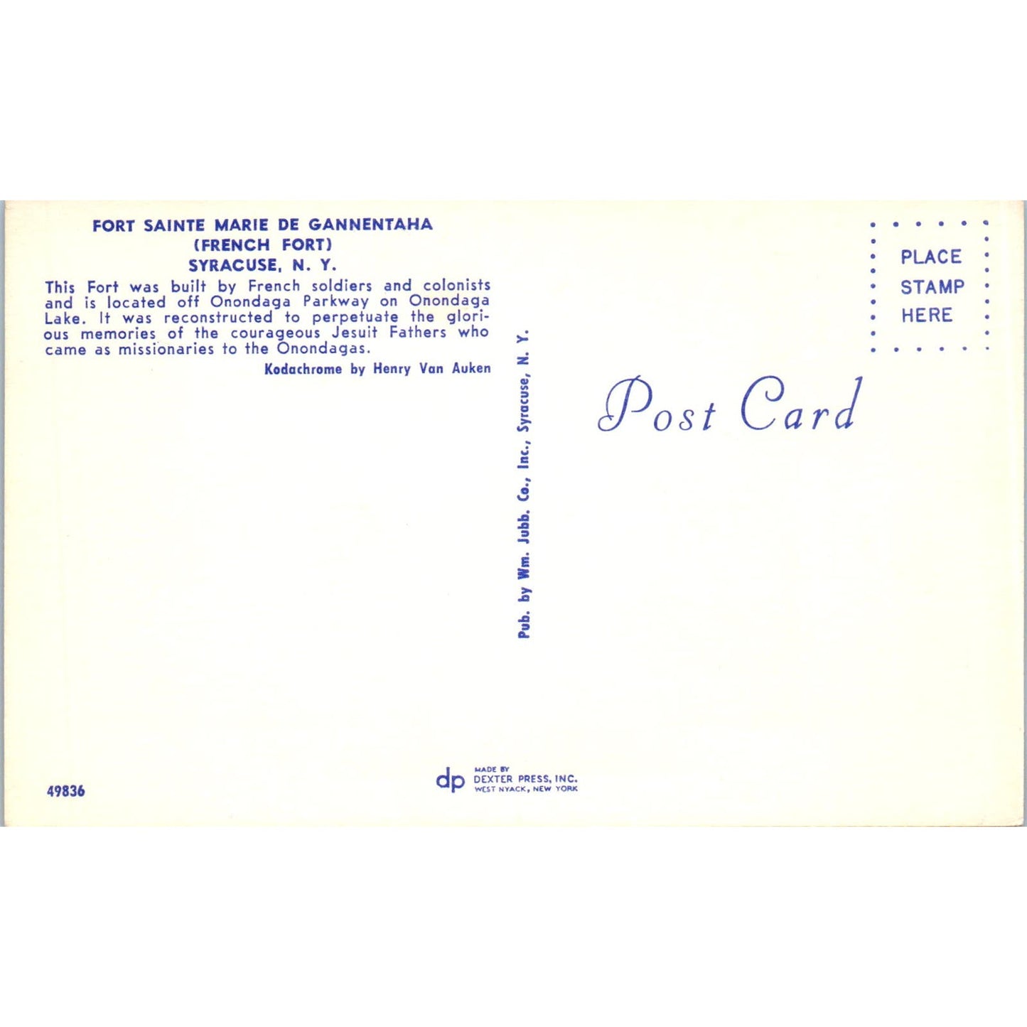 Fort Sainte Marie De Gannentaha Syracuse NY Vintage Postcard PC17