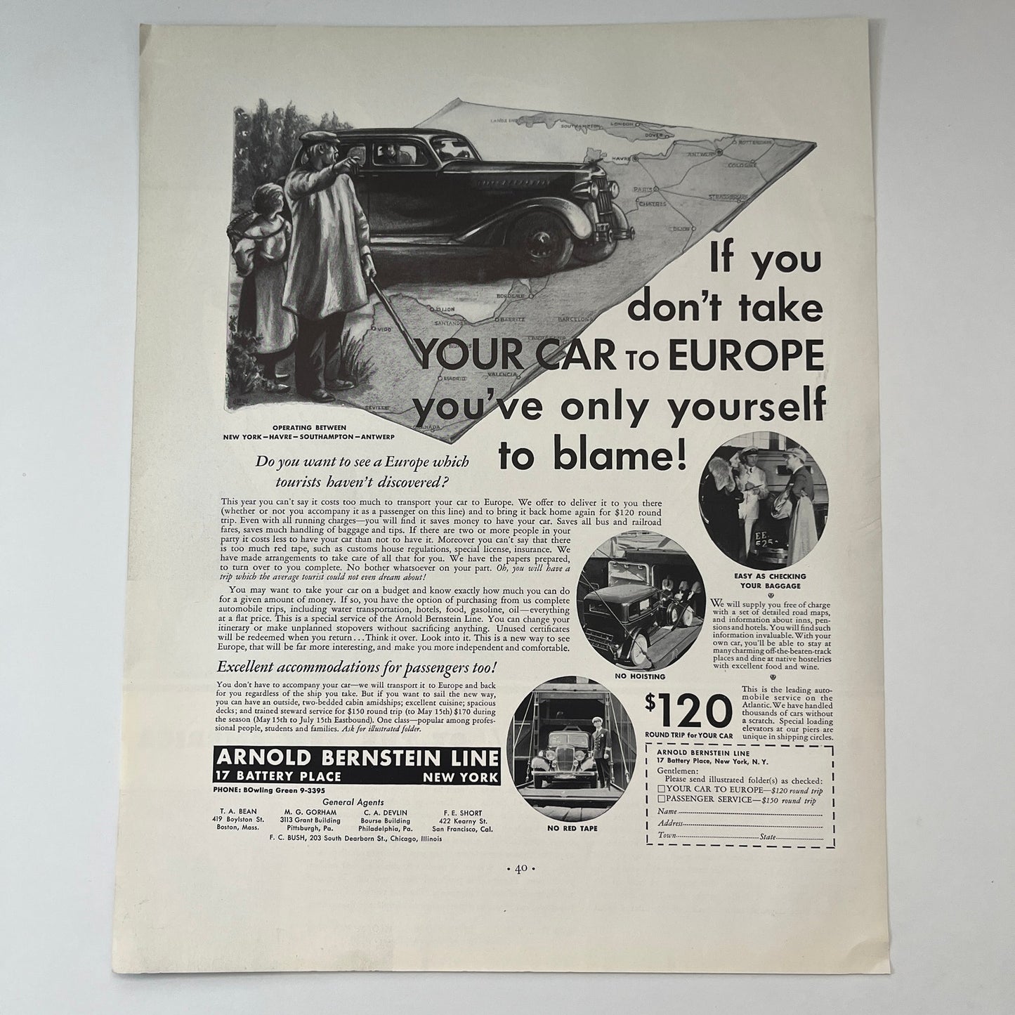 Arnold Bernstein Line Take Your Car to Europe T.A. Bean M.G. Gorham 1935 Ad V1-5
