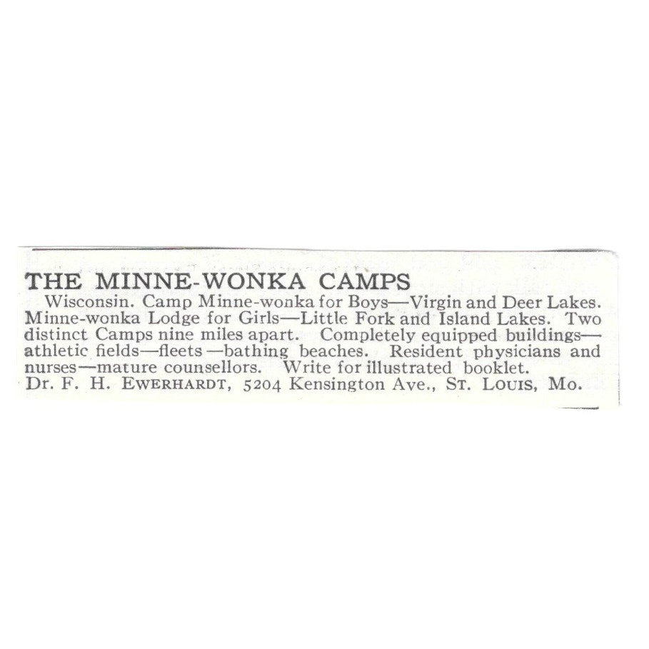 The Minne-Wonka Camps St Louis MO FH Ewerhardt 1920 Harper’s Magazine Ad SAG4-S5