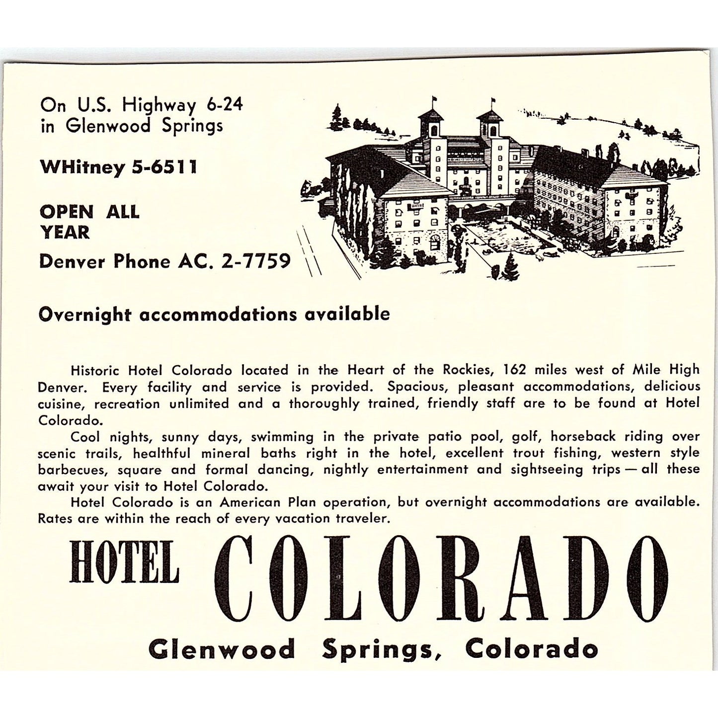 Hotel Colorado Glenwood Springs CO 1958 Ad AG1-H3