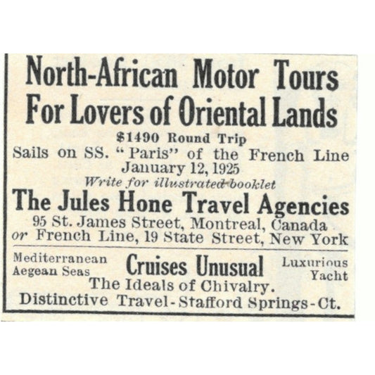 North African Motor Tours Jules Hone Travel Agencies 1924 Magazine Ad AD8-O4