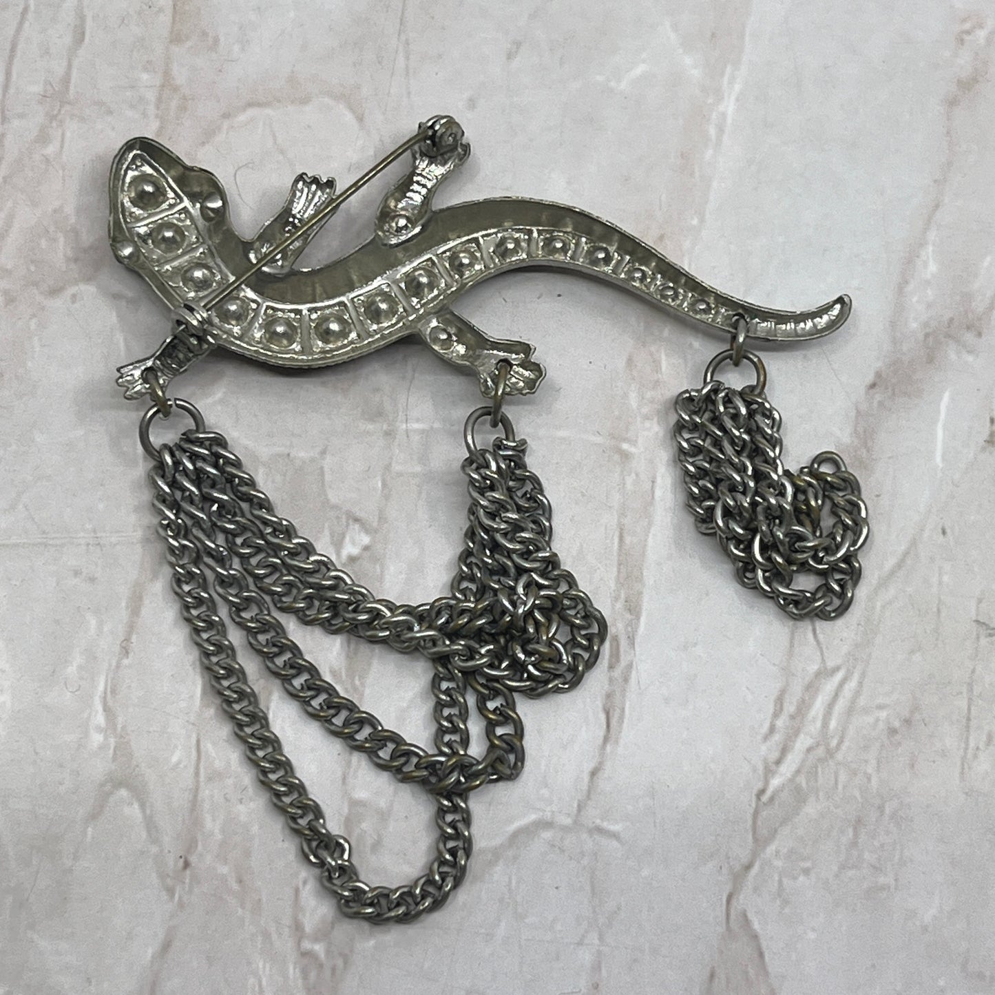 Vintage Rhinestone Gecko Salamander Lizard Brooch Pin with Tassel SB3
