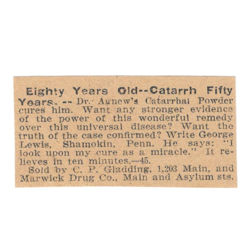 Dr. Agnew's Catarrh Powder George Lewis Shamokin PA 1901 Newspaper Ad AD8-HS8