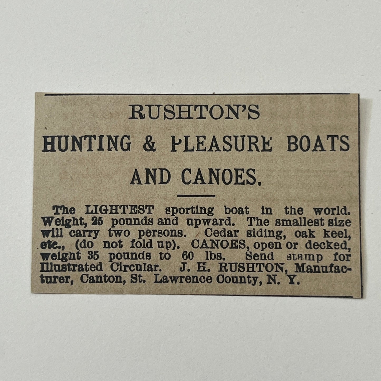 J.H. Rushton's Hunting & Pleasure Boats and Canoes Canton NY 1878 Ad AG2-M15