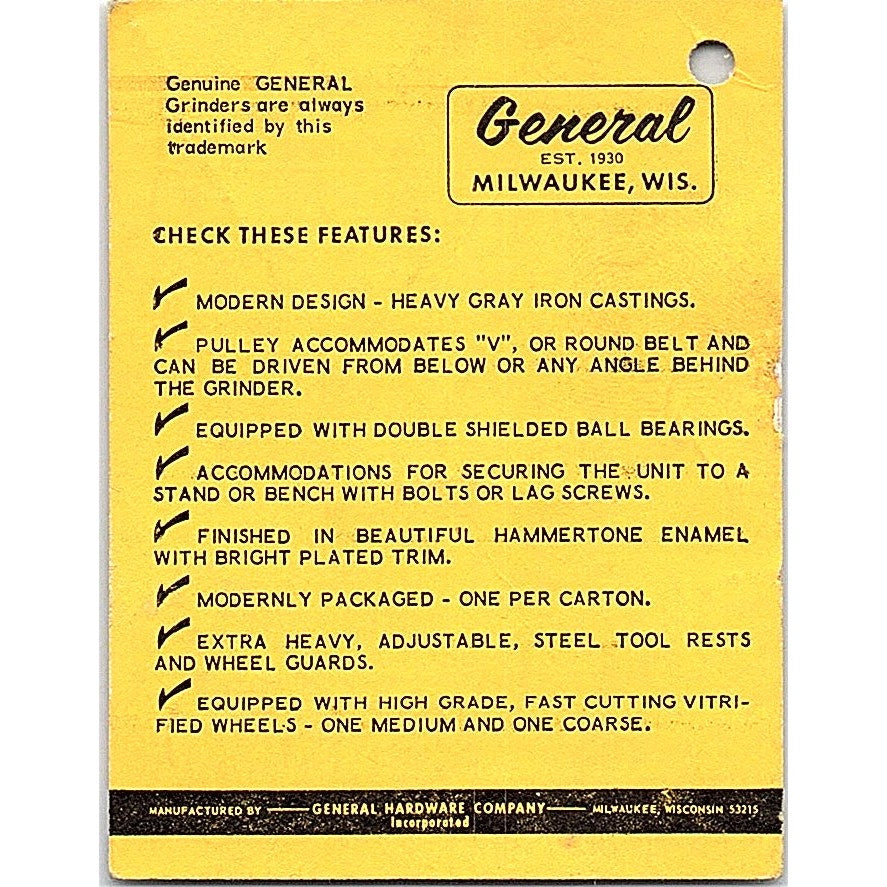 General Grinder Hang Tag General Hardware Co Milwaukee WI AG5-M1