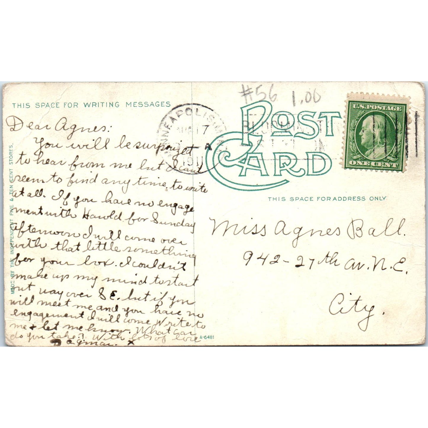 1911 Loring Park and Plaza Hotel Minneapolis MN Vintage Postcard PD1