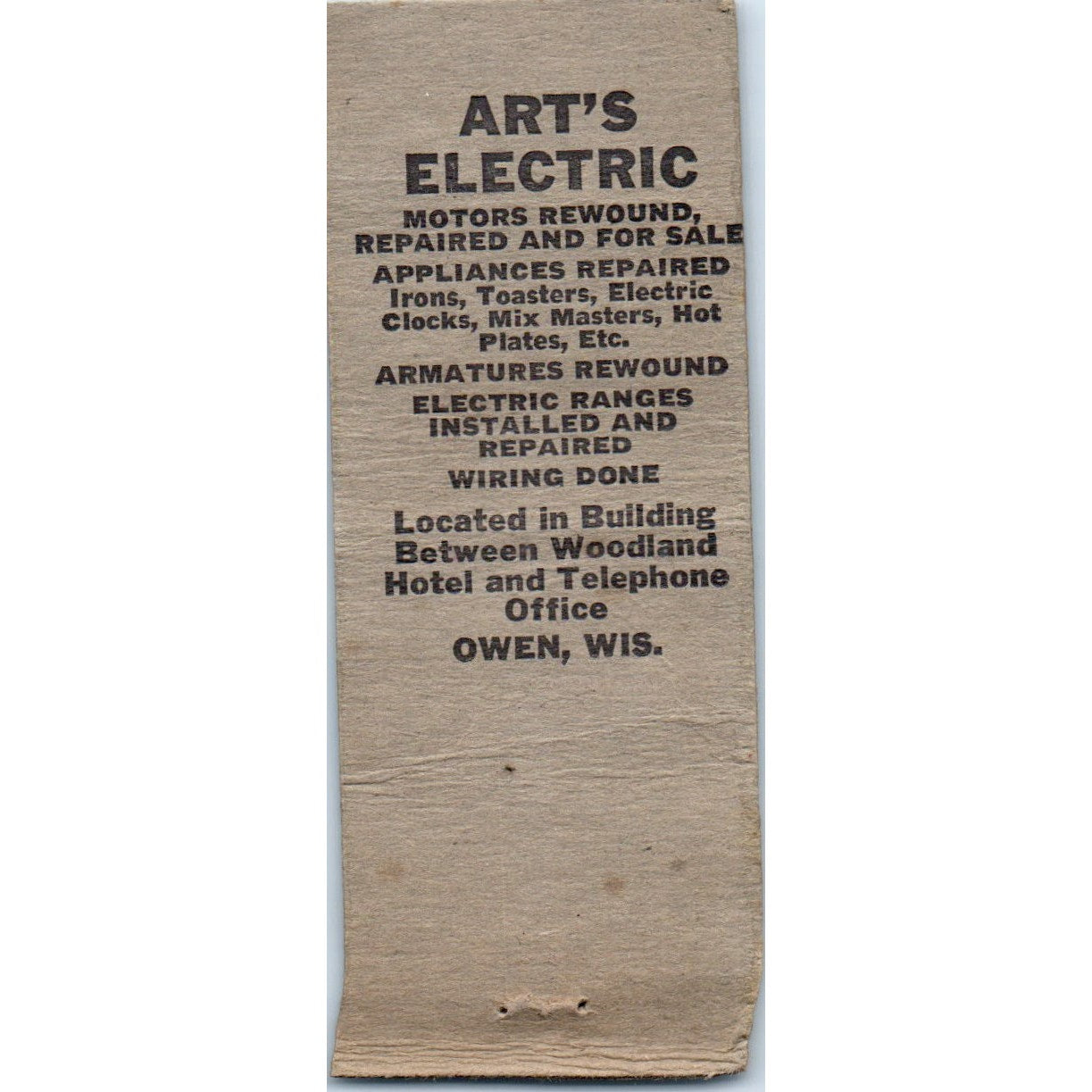 Art's Electric Art Behringer Owen WI Vintage Matchbook Cover SD2-Y4