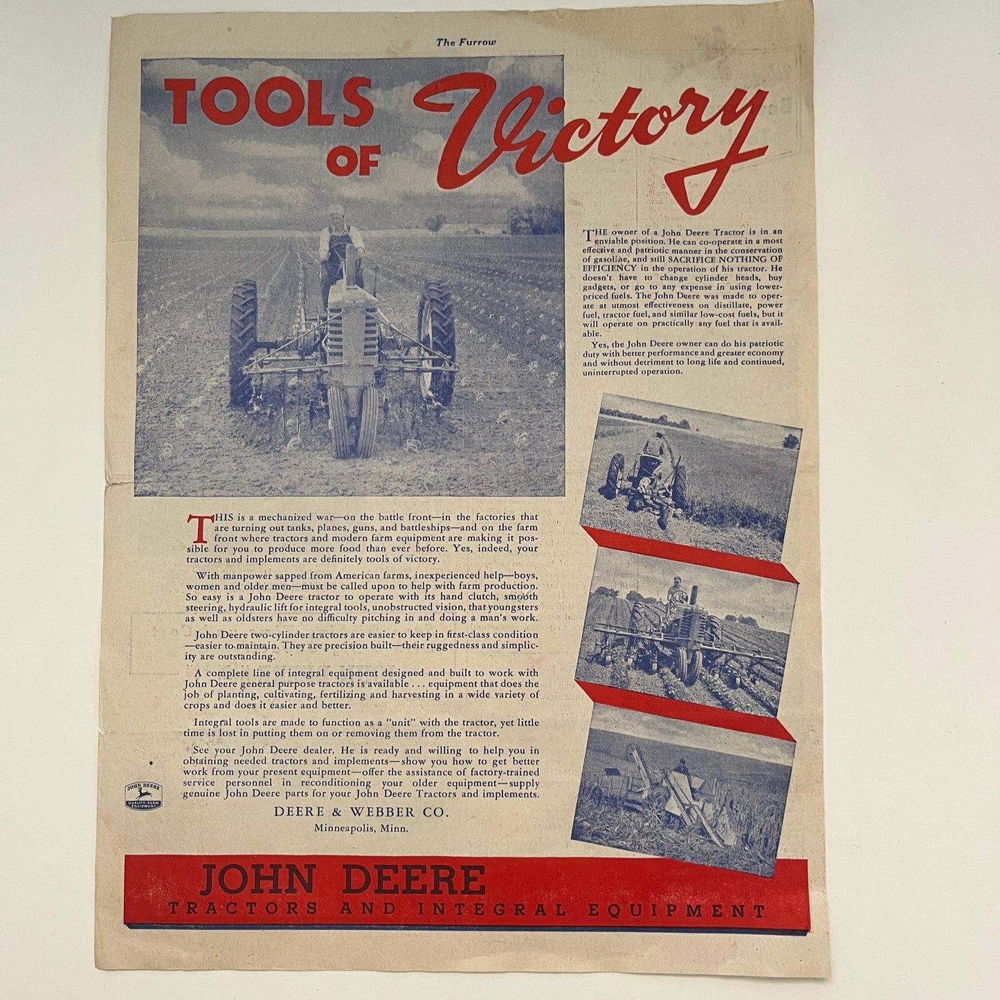 John Deere Tools of Victory Deere & Webber Co Minneapolis 1944 WWII Ad V26-4