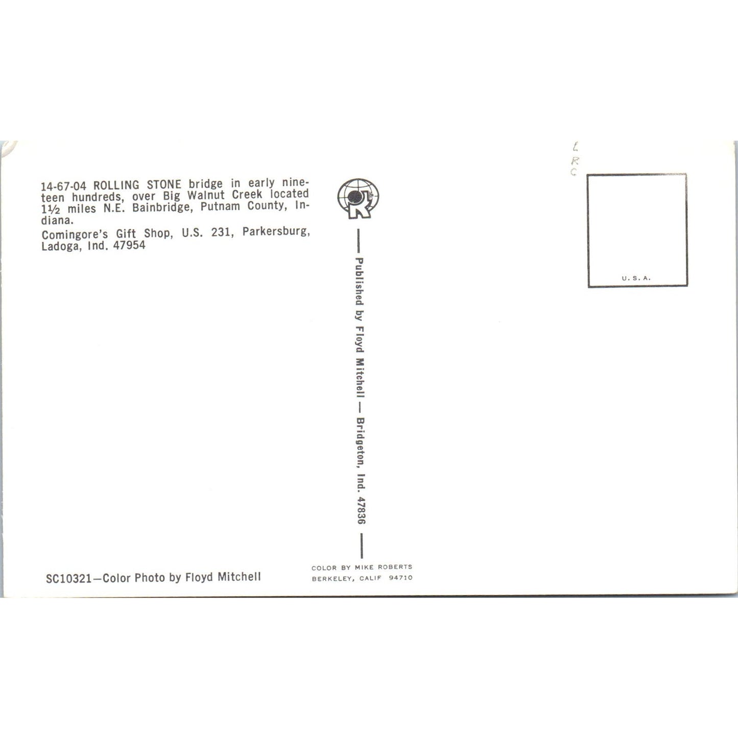 Rolling Stone Bridge 14-67-04 Putnam County Vintage Covered Bridge Postcard PD1