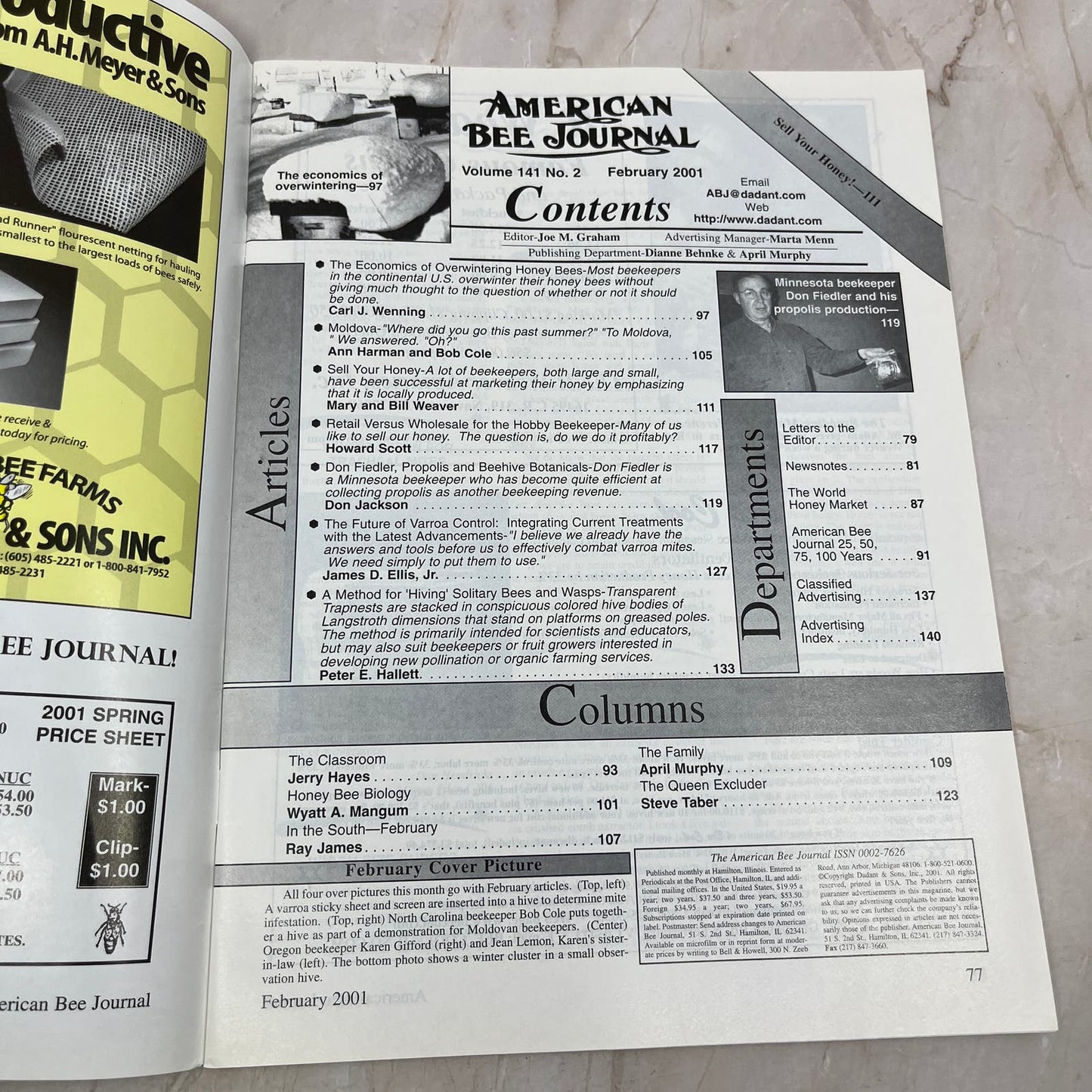 2001 Feb American Bee Journal Magazine Bees Beekeeping Honey M7