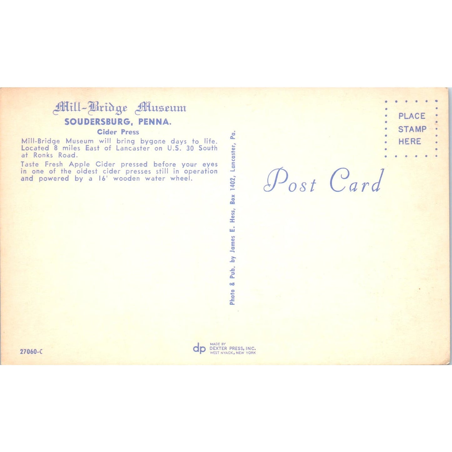 Mill-Bridge Museum Soudersburg Cider Press PA Dutch Country Postcard PD7