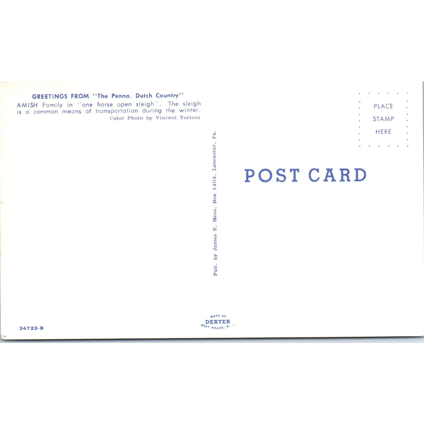 Amish Family in One Horse Open Sleigh Pennsylvania Dutch Country Postcard PD8