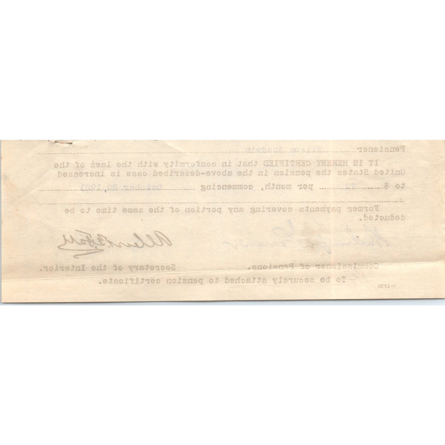 1922 US Department of Interior Pension Increase Memo Wilson Goodwin AD8-R5