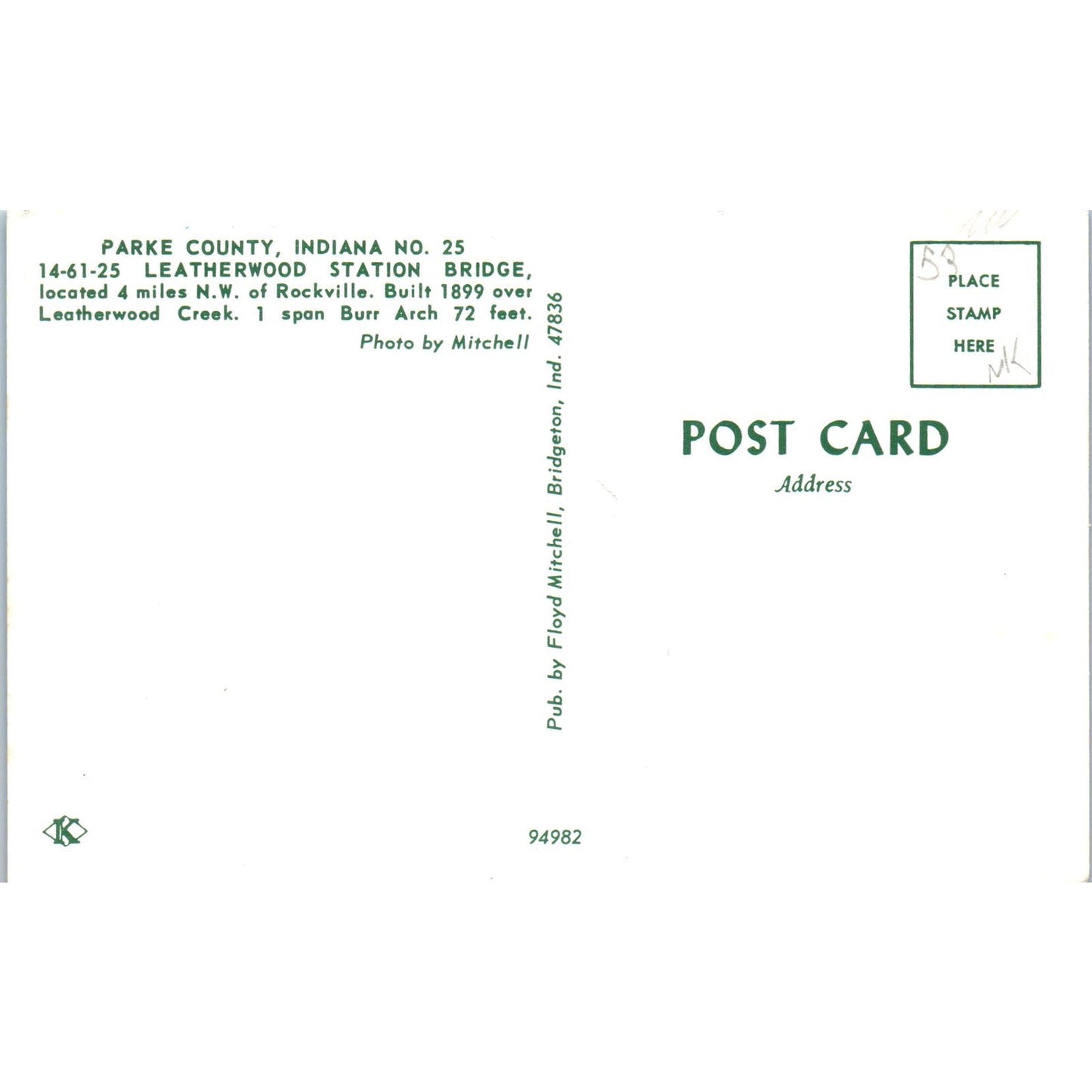 Parke County Indiana #23 Leatherwood Station Covered Bridge Postcard PC5