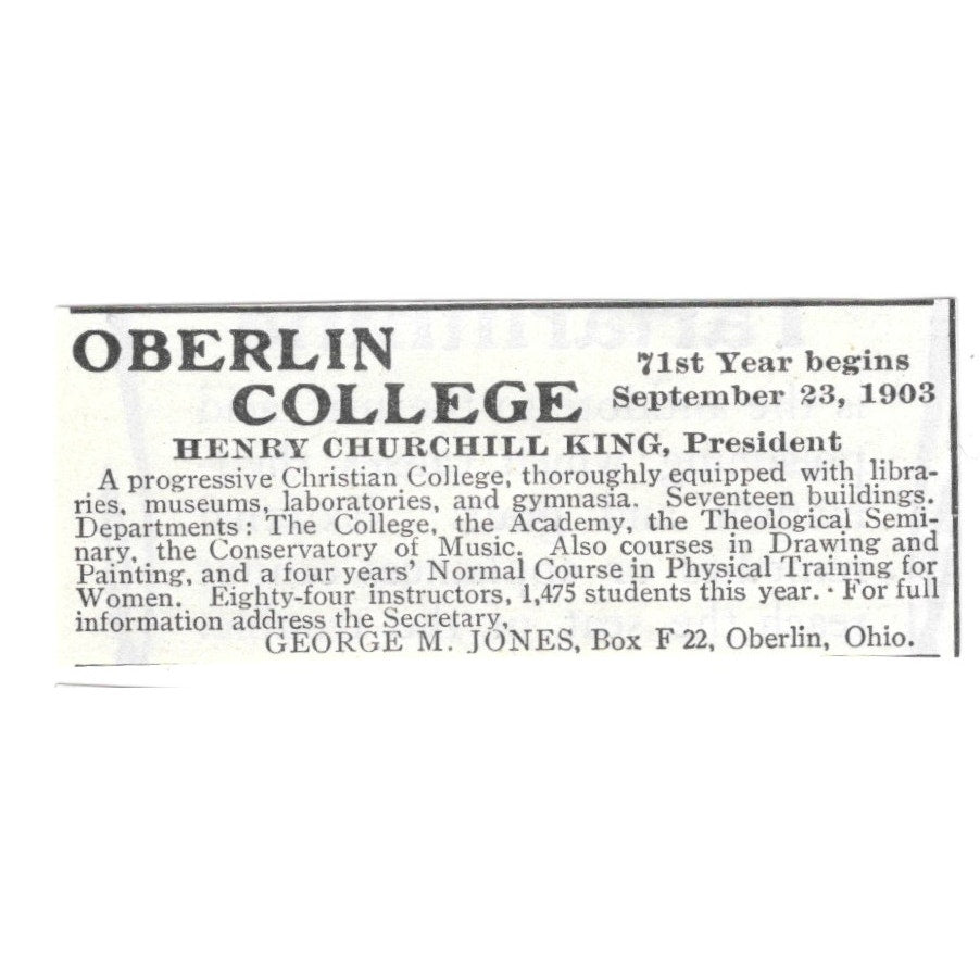 Oberlin College Henry Churchill King Oberlin OH George M Jones 1903 Ad AF8-S33