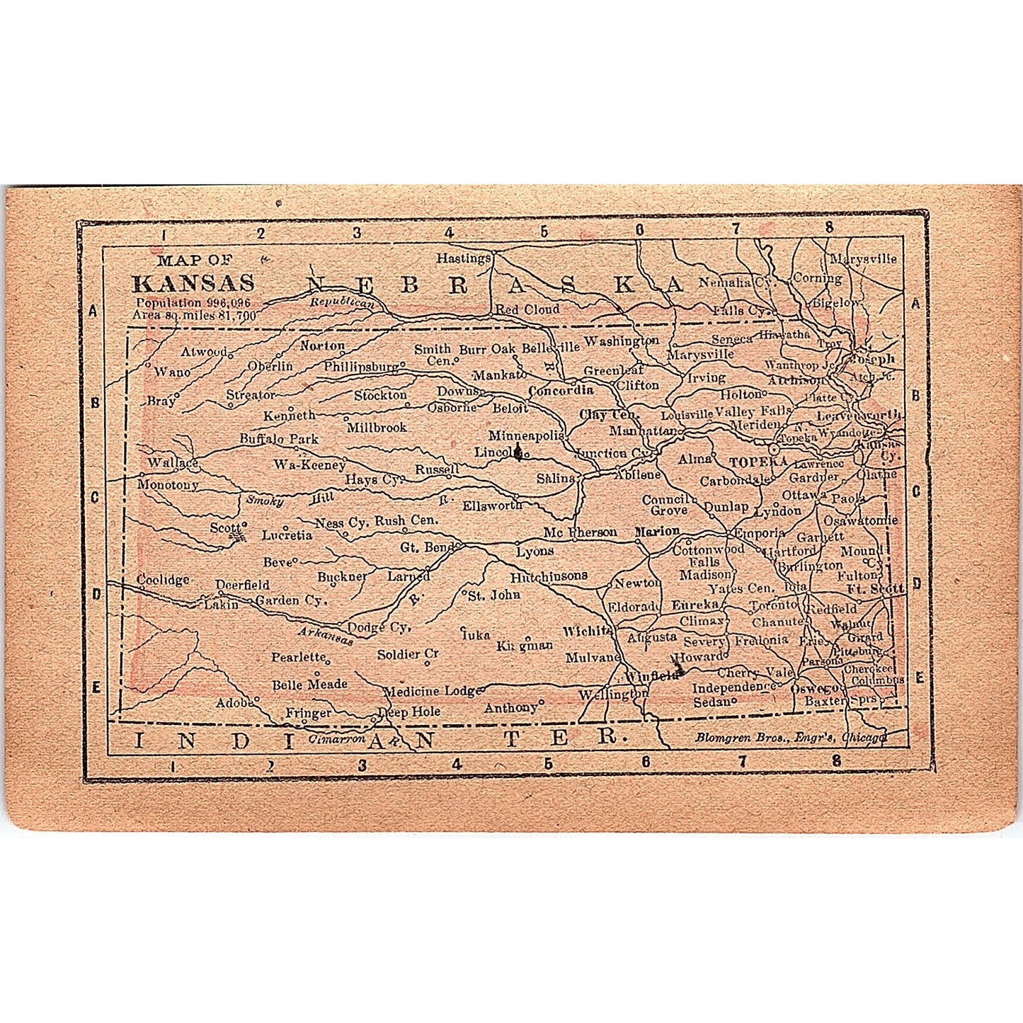 Antique 1889 Map of Kansas 1889 Pocket Map Engraving SAG4-H3